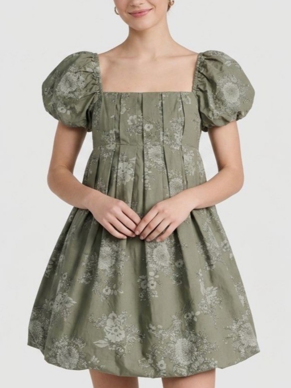 Altar'd State Sage Green Floral Puff-Sleeve Mini Dress